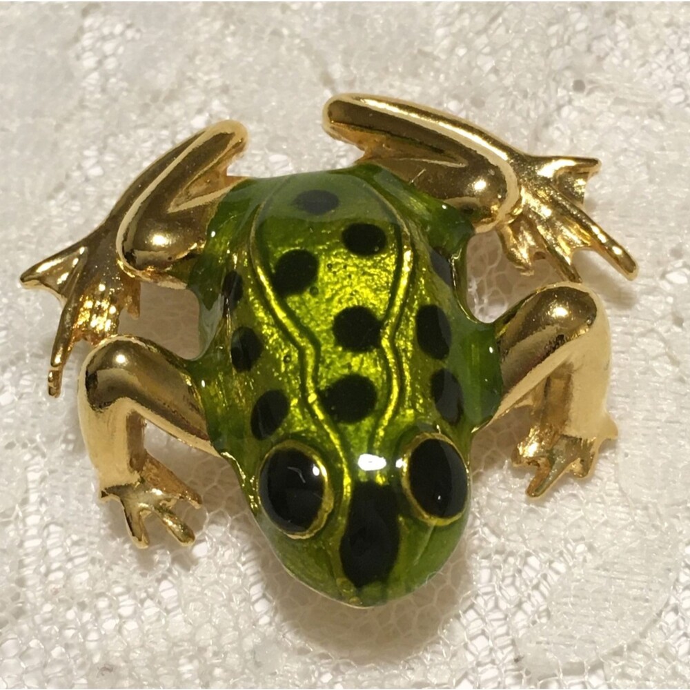 Vintage Frog Brooch Enameled Gold Tone Green Black Reptile Jewelry